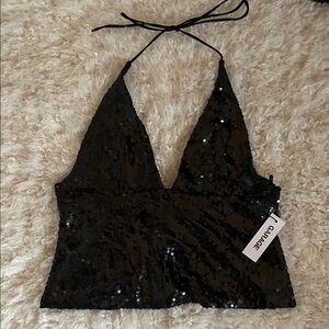 Garage Black Sequin Backless Halter Top
